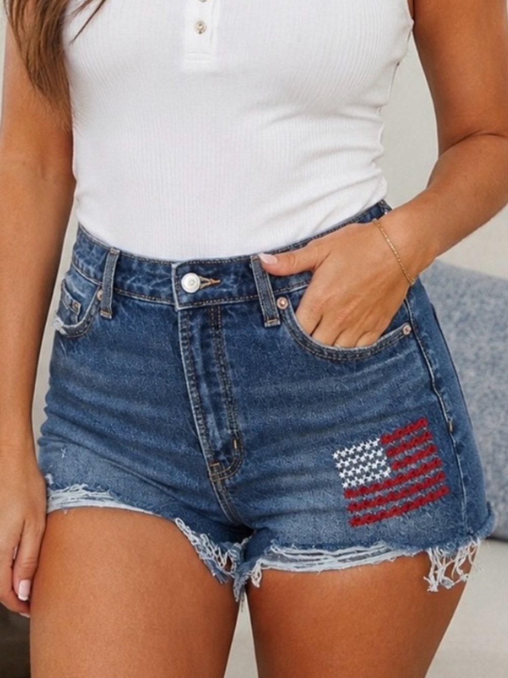 OG straight high rise cutoff denim shorts with American flag embroidered